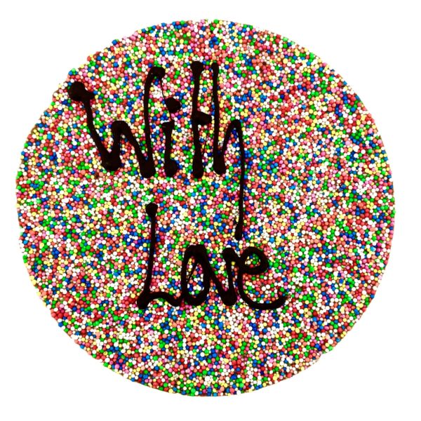 Giant 17.5cm chocolate freckle with "with love" written on it