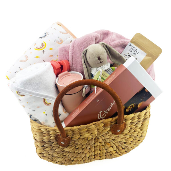 New baby gift basket with hooded towel, muslin blanket & bathrobe